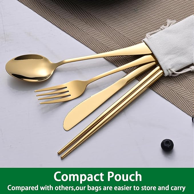 Gold Travel Utensils Set With Pouch,Outdoor Camping Silverware Set For Picnic Gadgets,Set Of 5 Portable Cutlery Spoon And Fork Set With Case For Dining