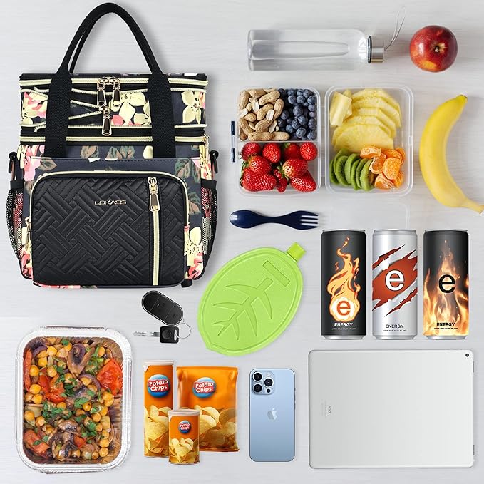 LOKASS Lunch Box for Women, 16L, Double Deck Expandable Insulated Lunch box For Adults/Women Thermal Large Waterproof Leakproof Cooler Bag with Shoulder Strap - Peony
