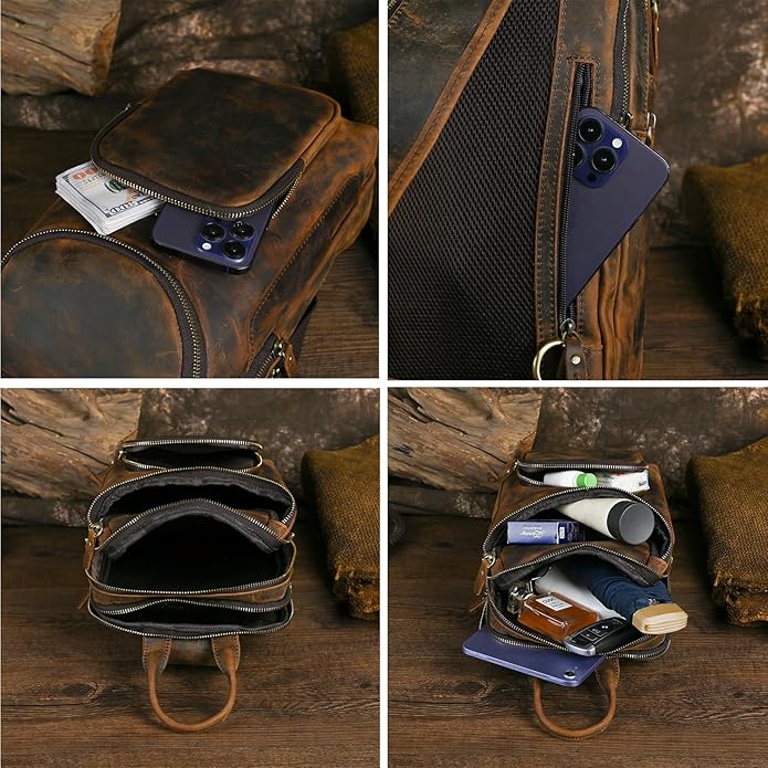 Thick Crazy horse Leather Triangle Crossbody Sling Chest Bag Travel One Shoulder Bag Daypack For Men Male 3028