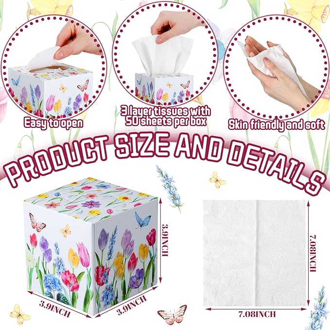 12 Pack Facial Tissues Cube Face Boxes 600 Sheets 3 Ply Small Square Tissues Bulk for Car Bedroom Supplies(Tulips)