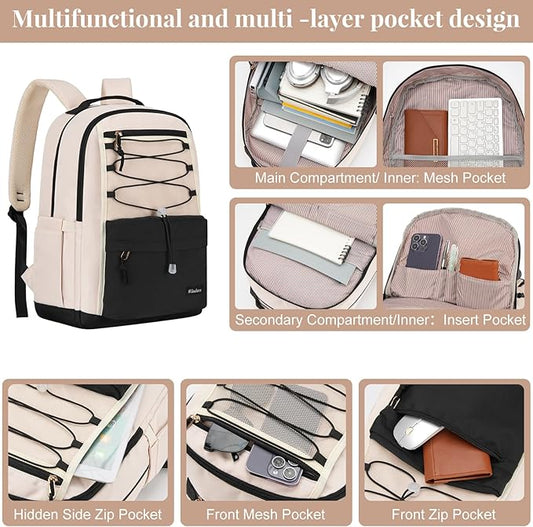 School Backpack for Teens Girls, Aesthetic College Backpack Large Bookbag for Women Students Fashion 15.6 Inch Laptop Bag for Work Travel (Black Beige)