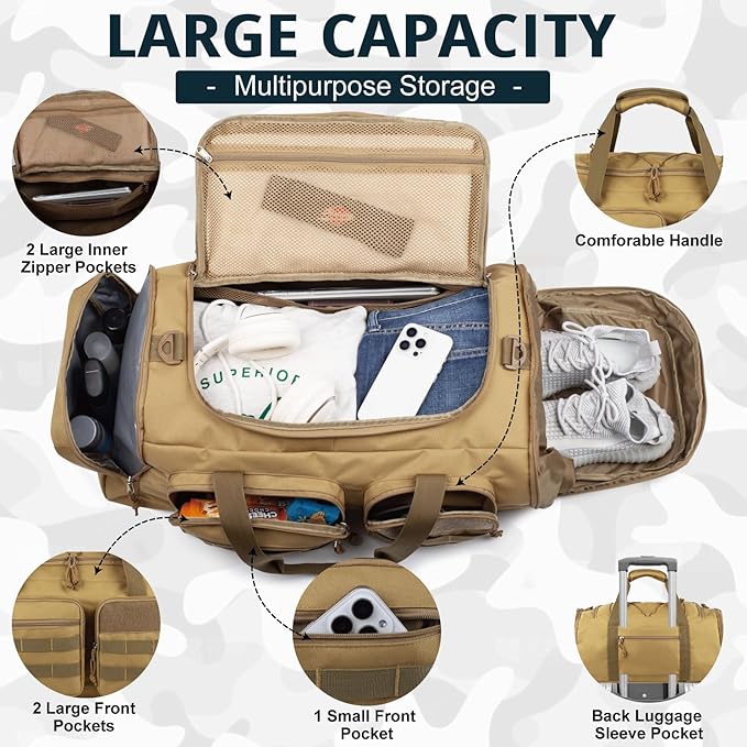Tactical Gym Bag for Men,50L Large 3 in 1 Sports Duffle Bag with Shoes Compartment for Travel,Water Resistant Travel Backpack Weekender Overnight Bag with Wet Pocket for Women