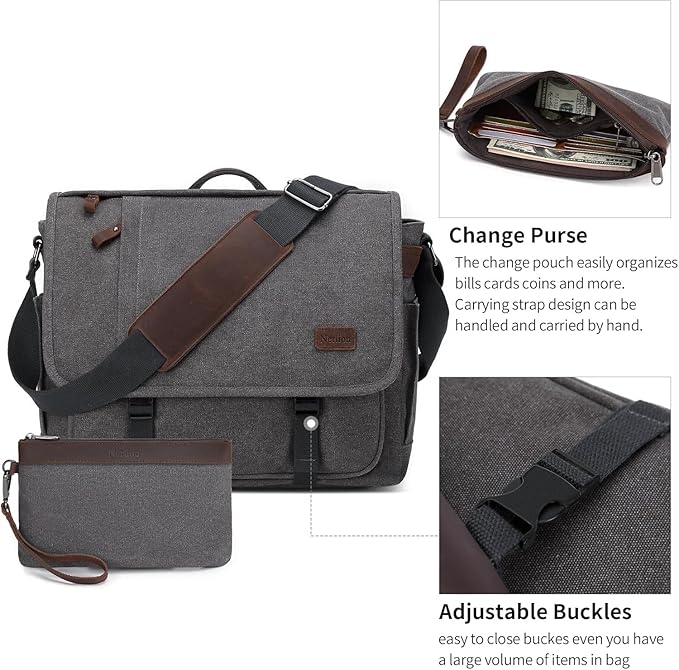 Nerlion Messenger Bag for Men 17-17.3 Inch Laptop Bag Canvas Water-resistant Computer Bag Shoulder Bag Work Briefcase Bookbag for College (Gray)
