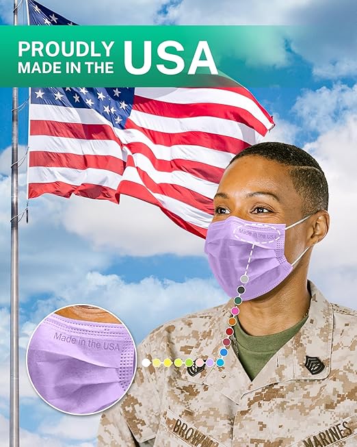 Disposable Face Masks Made in USA, 4 Ply for Families, Students, Breathable All-Day Wear & Safety, FSA HSA Eligible, ASTM Level 3 Medical Grade, 100 Pack Individual Wrap, Serene Spectrum