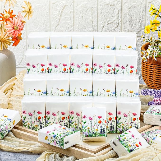 Therwen 100 Pack Pocket Tissues Travel Packs Bulk 1000 Sheet Mini Tissues Bulk 3 Ply Small Travel Size Paper Individual Pocket Size (Wildflowers)
