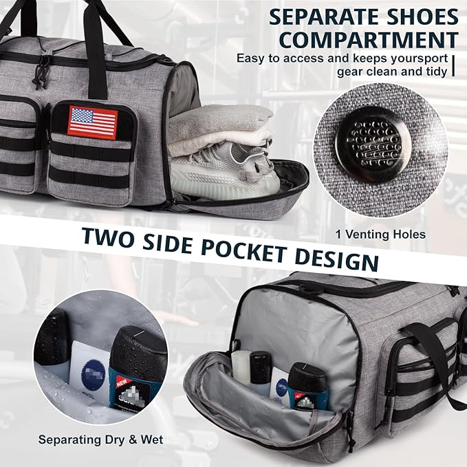 Tactical Gym Bag for Men,50L Large 3 in 1 Sports Duffle Bag with Shoes Compartment for Travel,Water Resistant Travel Backpack Weekender Overnight Bag with Wet Pocket for Women