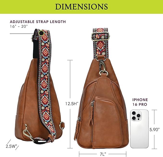 Antik Kraft Tasha Webbing Strap Sling (Tan) | Vegan Leather Crossbody Bag for Women with 16-20" Strap | Sling Bags for Women with Durable Antique Brass Hardware | 7in x 2.5in x 12.5in |