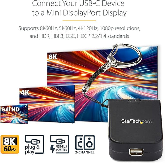 StarTech.com Compact USB C to Mini DisplayPort Adapter - 8K 60Hz/4K USB-C to mDP 1.4 Video Converter w/Keychain Ring - USB Type-C DP Alt Mode (HBR3 HDR DSC) to mDP Monitor - TB3 Compatible (CDP2MDPFC)