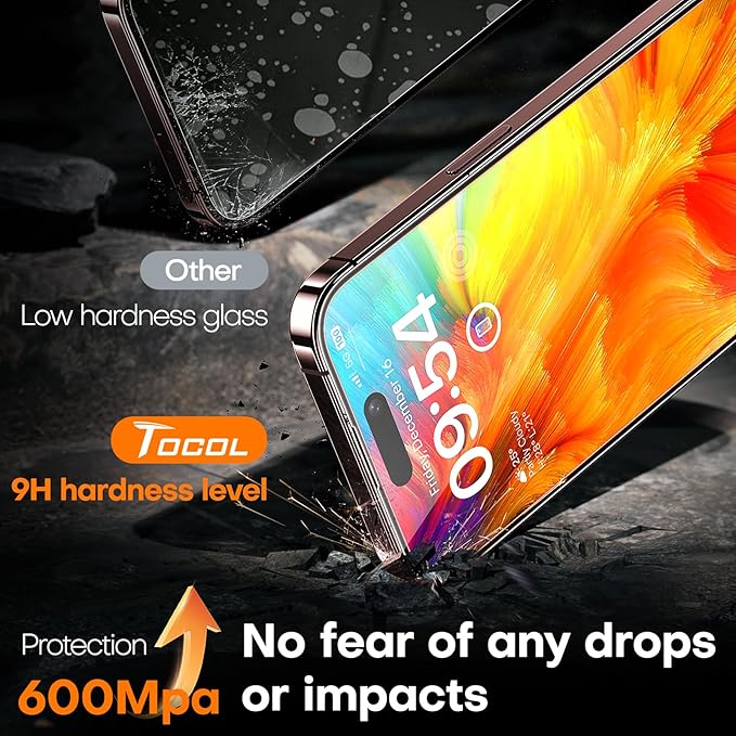 TOCOL for Screen Protector for iPhone 16 Pro, Military Grade 9H Hardness Easy Installation Case Friendly Shatterproof HD Tempered Glass Full Coverage 2 Pack