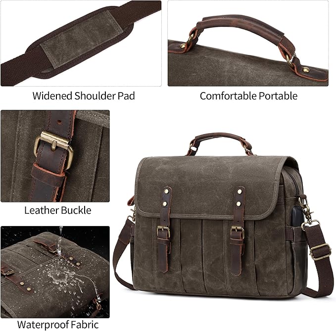 Messenger Bag for Men 15.6 Inch Vintage Canvas Genuine Leather Briefcase for Men Laptop Bag Satchel Shoulder Bag