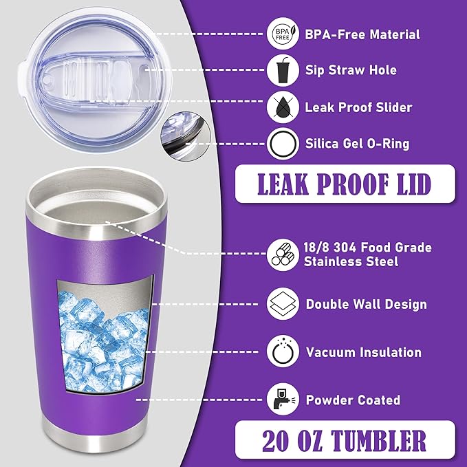 20 oz Tumbler Coffee Tavel Tumblers Bulk with Lid Stainless Steel Double Wall Vacuum Insulated Mug Powder Coated Cups fit Car Cupholder for Hot and Cold - Purple, 4Pack