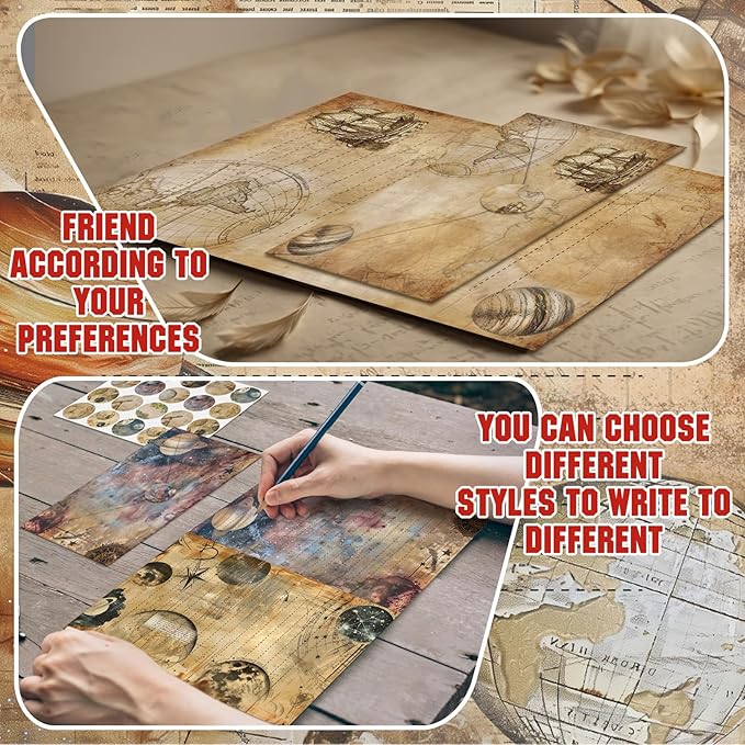 TaoBary 160 Pcs Stationery Paper Set 50 Double Sided Stationery Papers with 50 Matching Envelopes and 60 Round Dot Sticker, 10 Design(Space Moon Celestial,8.5 x 11 Inch)