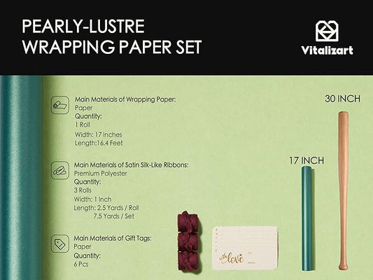 Vitalizart Green Wrapping Paper Set 17" Pearly-Lustre With Silk Like Satin Ribbon & Gift Tags Recyclable Eco-Friendly Christmas Gift Wrapping Birthday Baby Shower Wedding Handmade Crafts 197"(16.4 Ft)