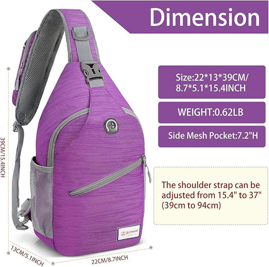 ZOMAKE Sling Bag,Small Crossbody Sling Backpack,Water Resistant Shoulder Daypack for Travel,Anti Thief Chest Bag for Hiking(Purple(Stripe))