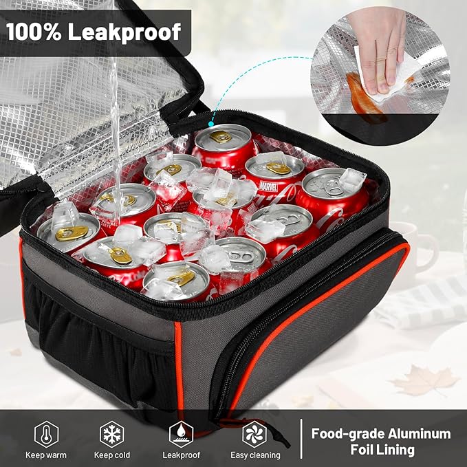 MIER 2 Compartment Lunch Bag Tote with Shoulder Strap for Men and Women Insulated Leakproof Cooler Bag, Grey/Orange