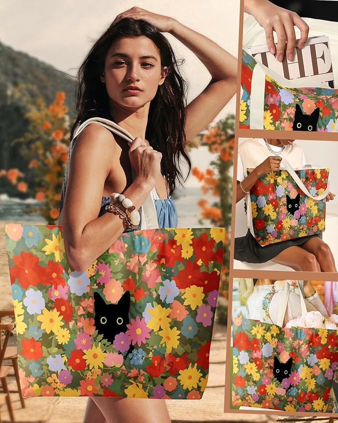 Large Tote Bag for Women - Canvas Tote Bag with Zipper Aesthetic Reusable Shoulder Bag for Gym, Travel, Work