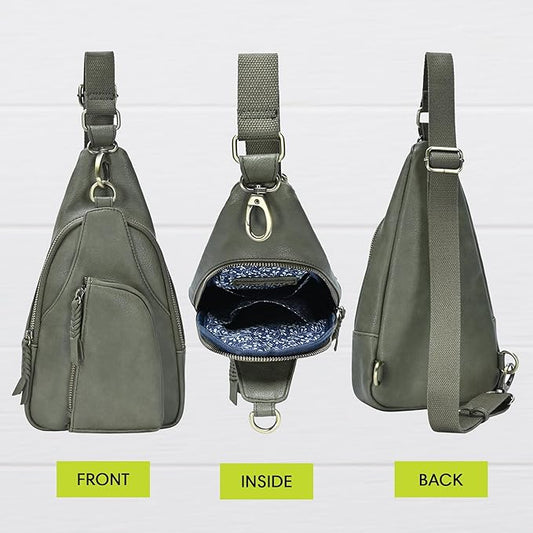 Antik Kraft Tasha Crossbody Sling (Moss) | Vegan Leather Crossbody Bag for Women with 16-20" Strap | Sling Bags for Women with Durable Antique Brass Hardware | 7in x 2.5in x 12.5in |