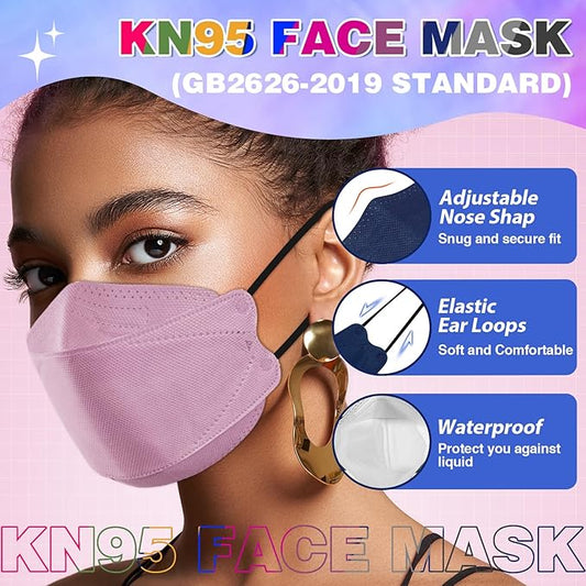 XDX KN95 Face Masks 100 Pack, 5 Layers Breathable Comfortable KN95 Masks for Adults Women Men, 10 Colors Masks Disposable Individually Wrapped