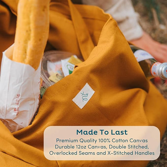 Nook Theory 3 Pcs Reusable Grocery Bags - Heavy Duty Canvas Bags, Large Reusable Shopping Bag, Picnic, 100% Cotton (Ocean)