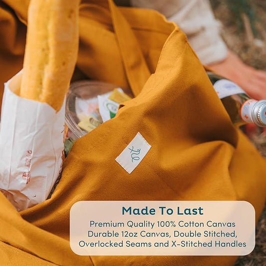 Nook Theory 3 Pcs Reusable Grocery Bags - Heavy Duty Canvas Bags, Large Reusable Shopping Bag, Picnic, 100% Cotton (Khaki)