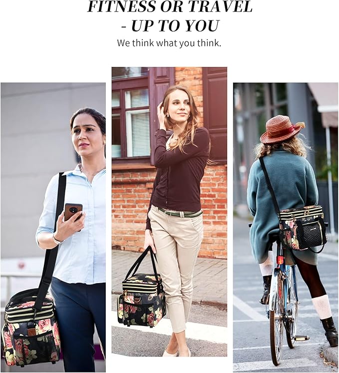 LOKASS Lunch Box for Women, 16L, Double Deck Expandable Insulated Lunch box For Adults/Women Thermal Large Waterproof Leakproof Cooler Bag with Shoulder Strap - Peony