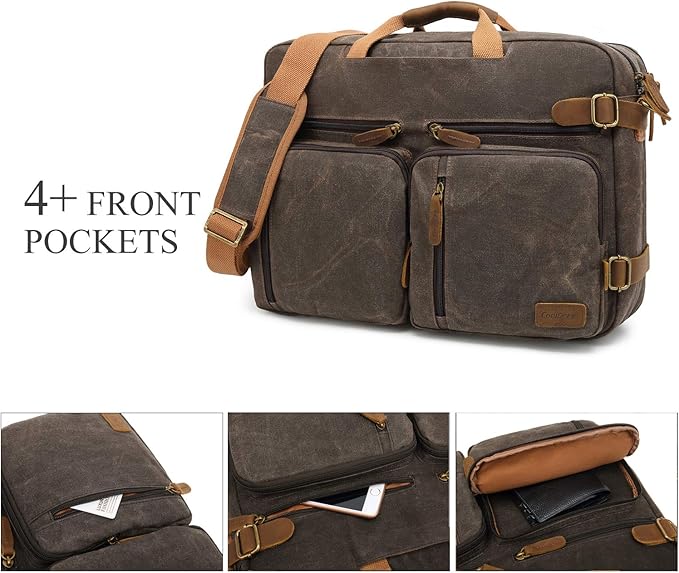 Laptop Messenger Bag Vintage Shoulder Bag Convertible Backpack Retro Briefcase Versatile Travel Bag Fits 17.3 Inch Laptop For Men Business (Waxed Canvas Brown)