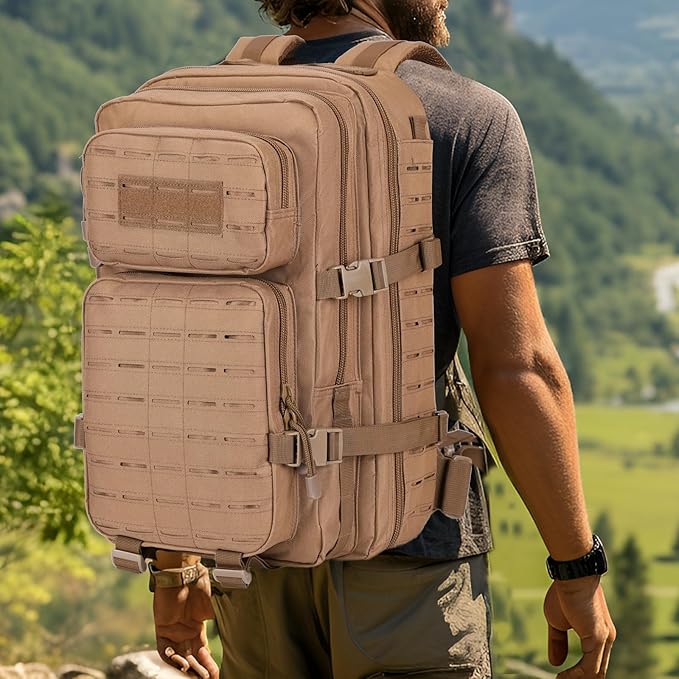 40L Tactical Backpack, Camouflage Military Bug Out Bag, Durable MOLLE Hiking Camping Gear (TAN)