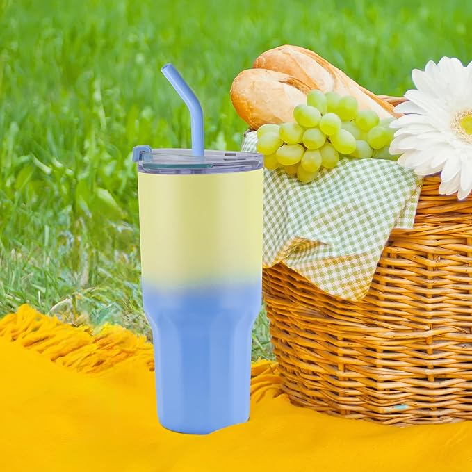 VEGOND 30 oz Insulated Stainless Steel Tumbler with lid and straw Double Wall Vacuum Travel Coffee Mug with Non-Slip Silicone Base, Sweat Proof Powder Coated Cup for Hot Cold Drinks, Blue and Green