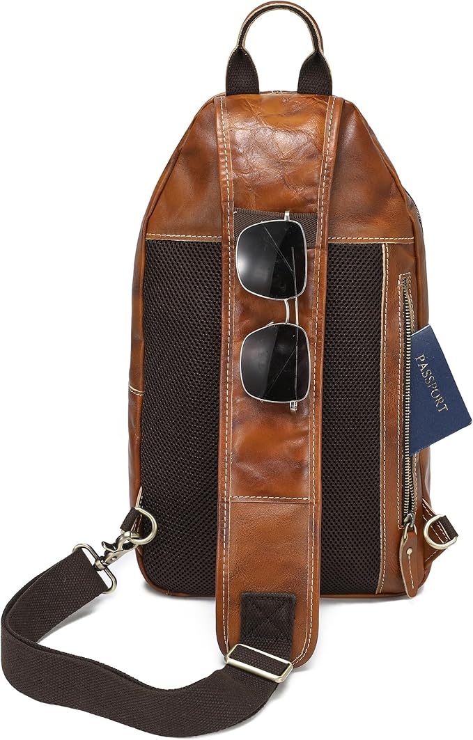 LANNSYNE Full Grain Leather Casual Sling Bag For Men Hiking/Travel/Business Crossbody Chest Bag Fits 12.9" iPad