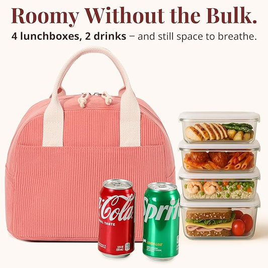 Insulated Lunch Bag for Women Men, Stylish Corduroy Tote Bag with Aluminum Lining, Large Capacity Reusable Cooler for Work, Travel, or Beach, Coral Pink Lunch Box