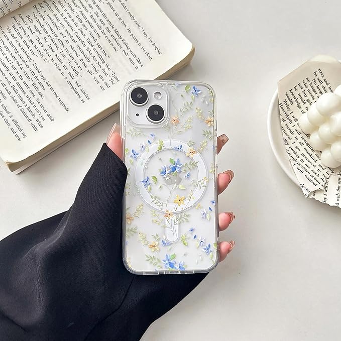 ZTOFERA for iPhone 15 Magnetic Case Compatible with Magsafe,Aesthetic Floral Pattern Design Cute for Girl Women,Anti-Drop Protective Hard Phone Cover for iPhone 15-Blue Flower