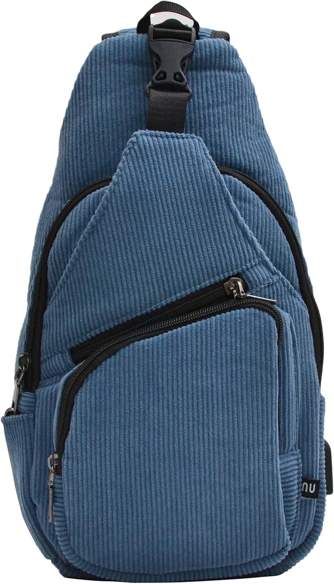 Anti-Theft Daypack Crossbody Sling Backpack, USB Charging, Lightweight Day Pack for Travel, Hiking, Everyday, Regular, Cornflower Blue Corduroy