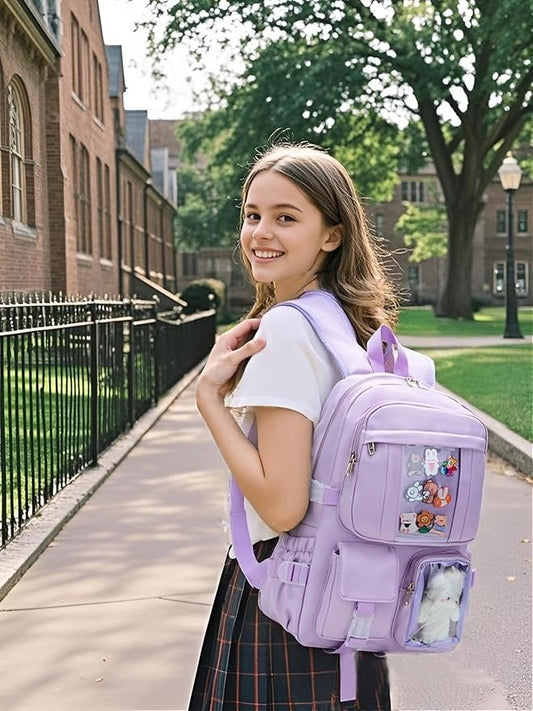 Kawaii Backpack for Teen Girls, Cute Aesthetic High Middle School College Bookbag with Accessories,Light Purple