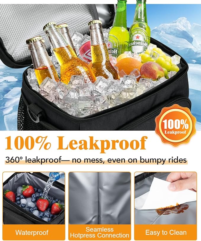 Insulated Lunch Bag for Men & Women - Leakproof Lunch Box Soft Cooler Tote, Adjustable Strap, Reusable Lunch Box for Work Office Picnic Beach Travel-Black