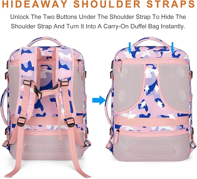 Carry on Travel Backpacks, Extra Large 40L Flight Approved Bag for Men & Women,Expandable Suitcase Backpack With 4 Packing Cubes,Water Resistant Luggage Daypack Business Weekender Bag,Camouflage Pink