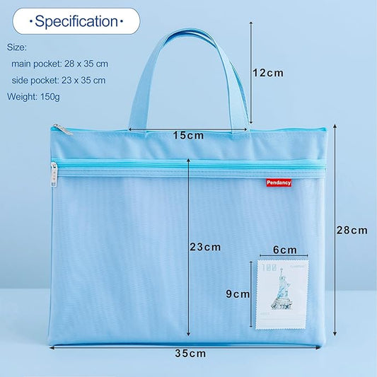 Pendancy Mesh Zipper Pouch 11x13.7 in, 2 pcs Large Double Pocket Waterproof File Bag with Handle, A4 Size Foldable Document Storage for Puzzle Project/Cross Stitch/Travel/Office(Blue Green)