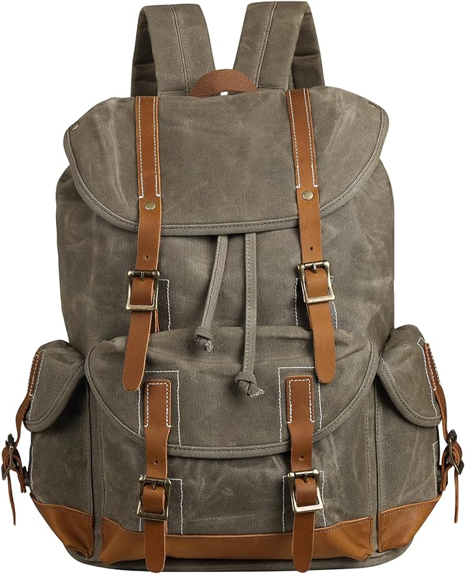 Backpack for Men Heavy Duty Waxed Canvas Vintage Women Trim Casual 15.6" laptop Travel Backpack-Olive green