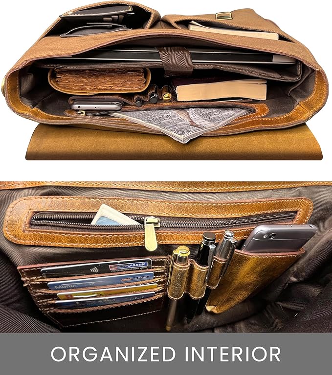 RUSTIC TOWN Leather Canvas Messenger Bag for Men Women - Vintage Laptop Satchel Leather Briefcase (14 Inch, Olive Green)