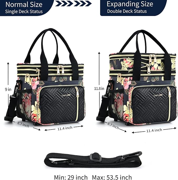 LOKASS Lunch Box for Women, 16L, Double Deck Expandable Insulated Lunch box For Adults/Women Thermal Large Waterproof Leakproof Cooler Bag with Shoulder Strap - Peony