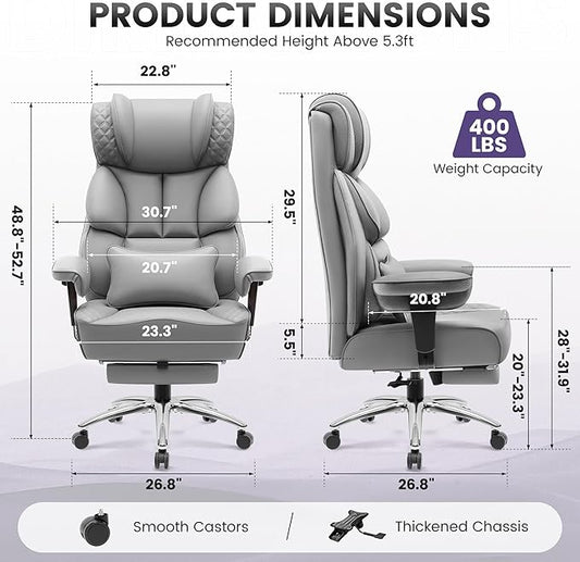 Office Desk Chair, Big and Tall Leather Gaming Chair with Footrest, Wide Ergonomic Comfy Executive High-Back Reclining Computer Chairs, Swivel Rolling Wheels and Padded Lumbar Support, Gray