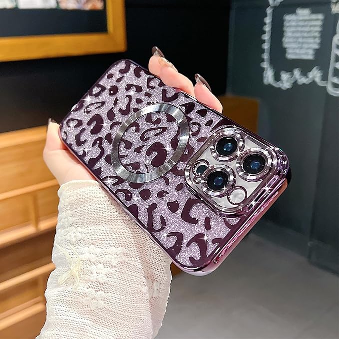 for iPhone 16 Pro Max Case Magnetic,Soft Cute Luxury Leopard Cheetah Pattern Plating Glitter Bling Phone Case Compatible with MagSafe Clear Shockproof Back Cover for Women Girl 6.9"-Purple