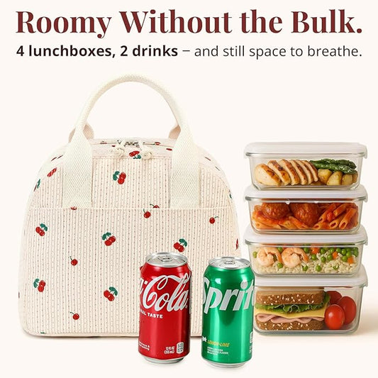 Insulated Cherry Lunch Bag for Women, Stylish Corduroy Tote with Aluminum Lining, Large Capacity Reusable Cooler for Work, Travel, Beach or Picnic, Beige Cream Water-Resistant Lunch Box