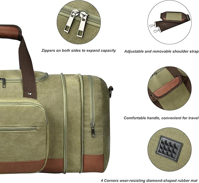 Litvyak Duffle Bag for Travel, 50L Canvas Travel Duffel Bags Overnight Weekend Gym Carry On Luggage Bag for Men & Women(Army Green)