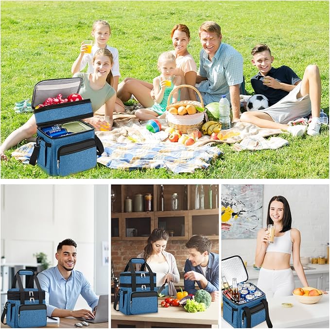 Insulated Lunch Bag & Lunch Box for Men - Double Deck Reusable Lunch Bag for Women Tote Cooler Bag Leakproof Soft Expandable - Extra Large Lunchbox for Work/Adult/Picnic/Outdoor (Blue,22L)