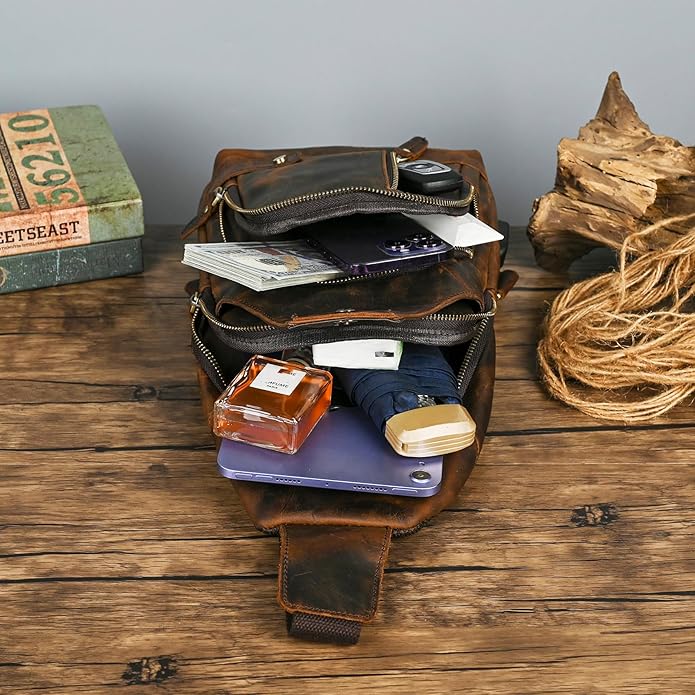 Thick Crazy horse Leather Triangle Crossbody Sling Chest Bag Travel One Shoulder Bag Daypack For Men Male 3028