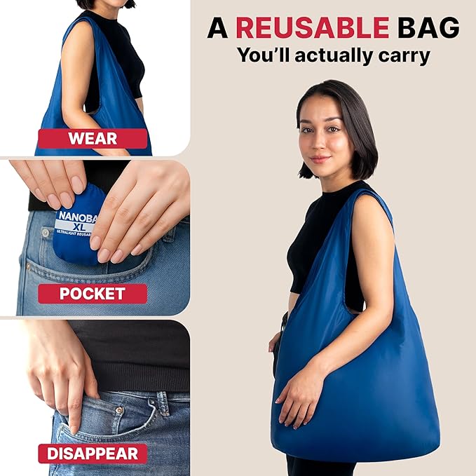 Nanobag Ultra-Lightweight Extra Large Size Tote Bag for Women & Men, Heavy Duty Reusable Grocery Bag, Foldable Travel Shopping Tote, Packable Cloth Bag with Handles, Washable Market Tote (Blue Waves)