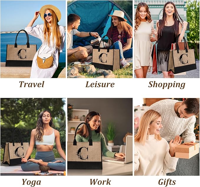 AYGE Personalized Initial Jute Tote Bag & Makeup Bag, Beach Bag, Monogrammed Birthday Gifts for Women Sister Mom Bridesmaid
