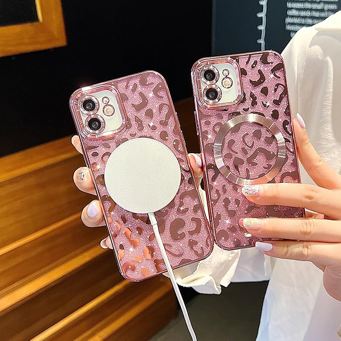 for iPhone 12 Case Magnetic,Soft Cute Luxury Leopard Cheetah Pattern Plating Glitter Bling Phone Case Compatible with MagSafe Clear Shockproof Back Cover for Women Girl 6.1"-Pink