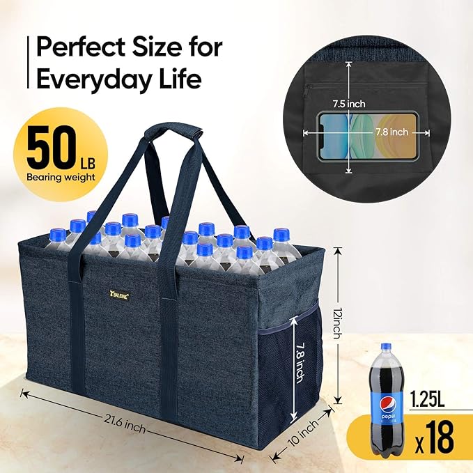 BALEINE Extra Large Utility Tote Bag with Wire Frame for Storage (Blue, 22''x12''x10'')