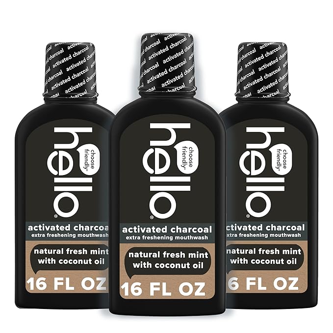 Hello Activated Charcoal Extra Freshening Mouthwash, Natural Fresh Mint and Coconut Oil, Fluoride Free, Alcohol Free, Vegan, SLS Free and Gluten Free, 16 Fl Oz (Pack of 3)